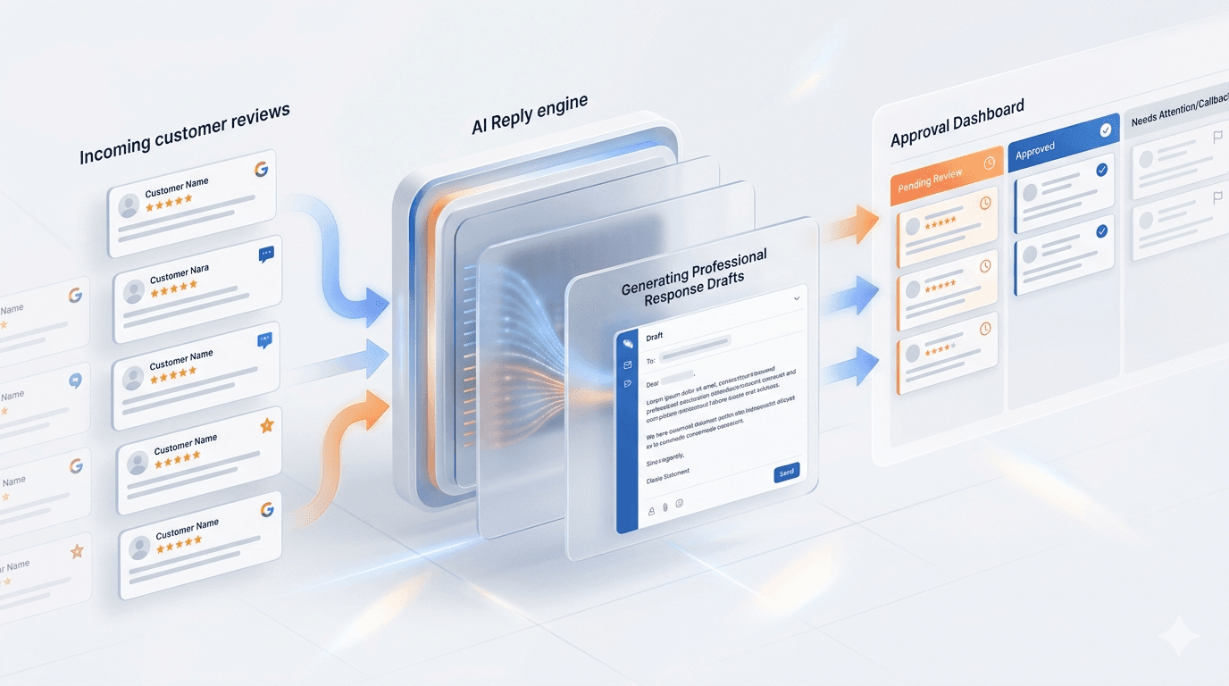 System diagram of incoming customer reviews moving through the AI reply engine into an approval dashboard.