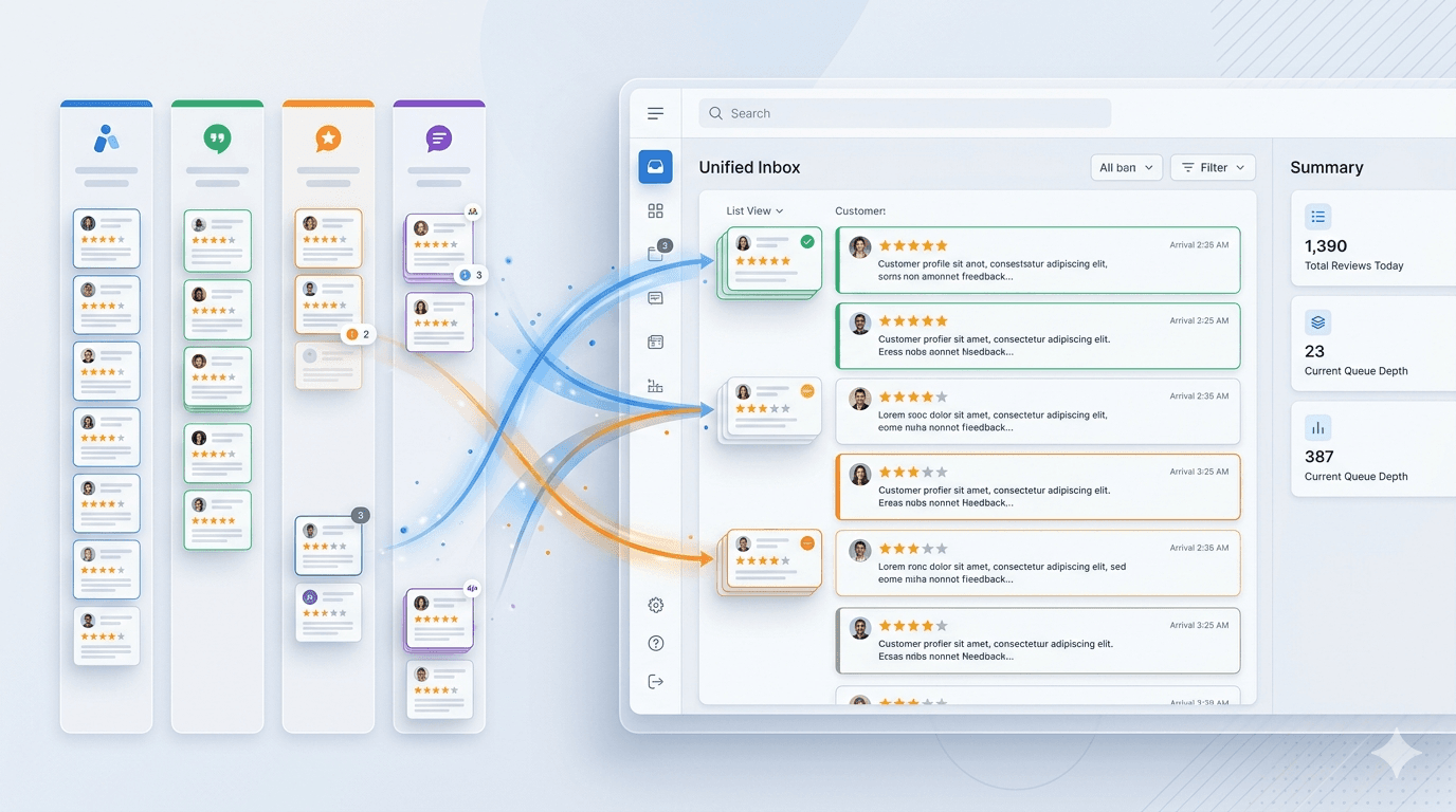 Unified inbox interface showing grouped incoming reviews and summary metrics.