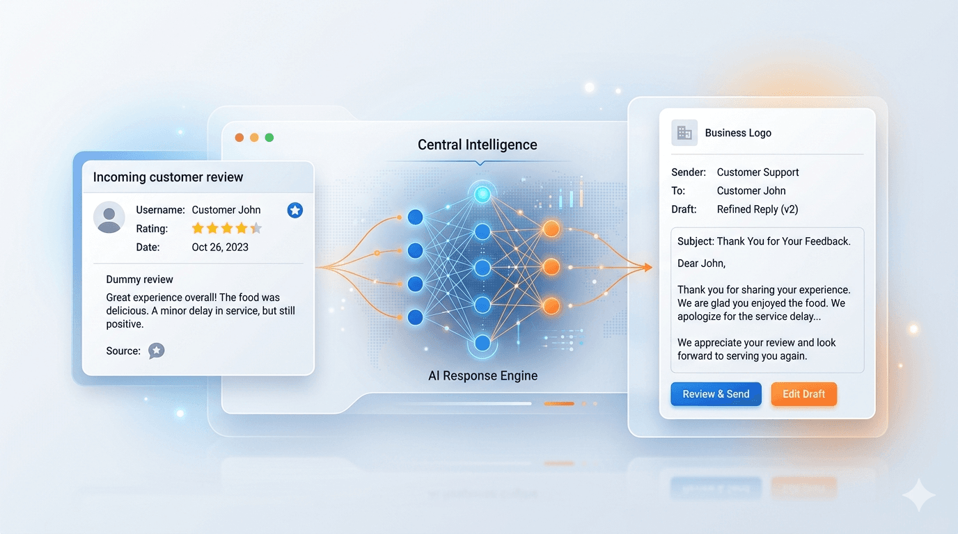 Central intelligence screen generating a professional reply draft from a customer review.