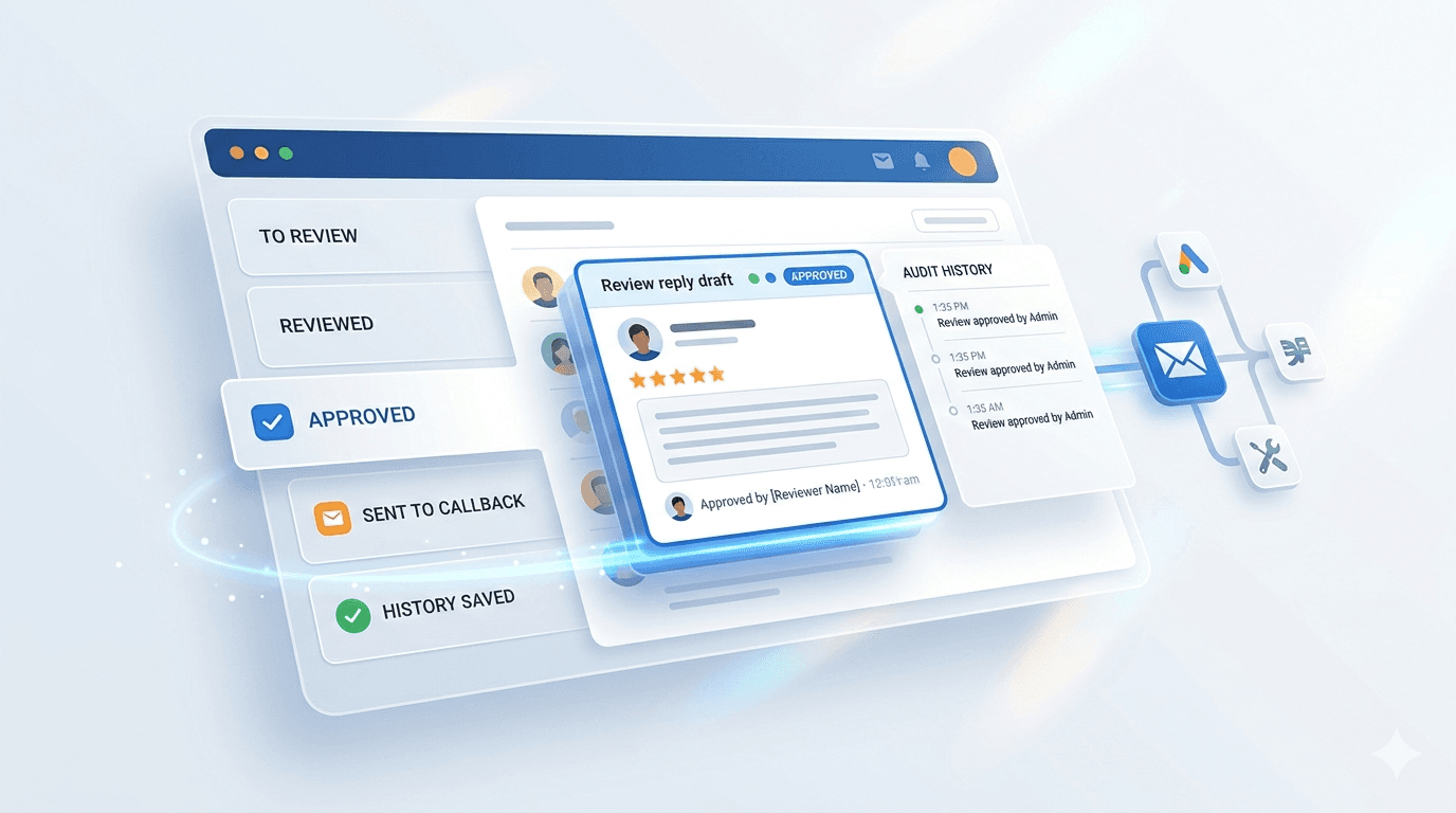 Approval screen with audit history, approved draft, and callback destination.